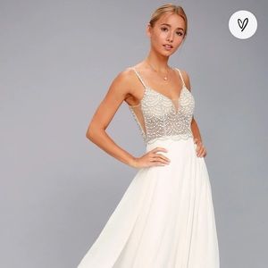 Lulus True Love White Beaded Rhinestone Maxi Dress